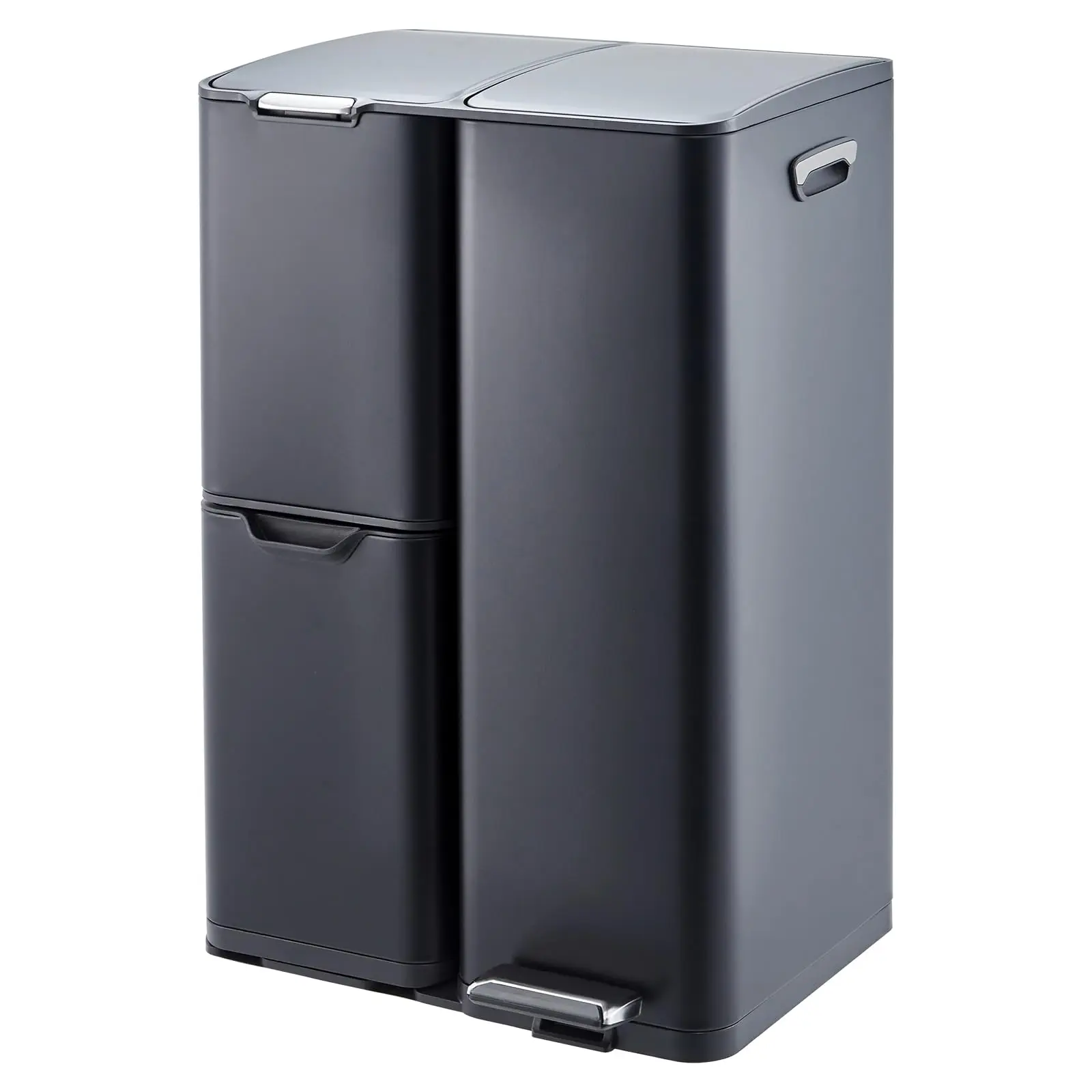 GARVEE 16 Gallon Triple Compartment Stainless Steel Garbage and Recycling Bin Combo with Lid, Featuring 3-in-1 Design, Inner Plastic Buckets, and Foot Pedals for Kitchen, Home, and Office Use, Black