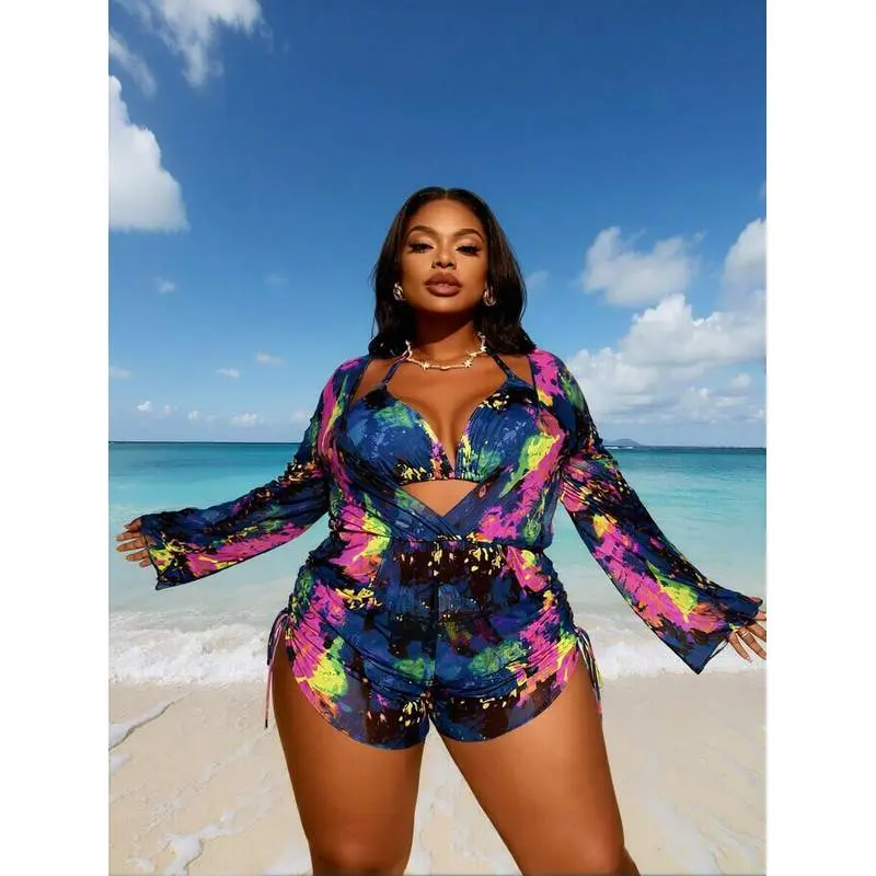 Women's 3-Pieces Rash Guard Swimwear Set - Tie-Dye Print Sheer Long Sleeve Cover Up with Waist Tie, Matching Bottoms, Boho Beach Wear Surfwear