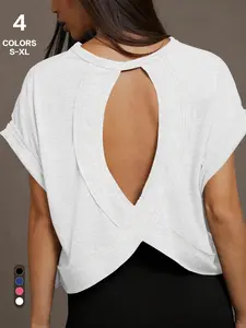 Women's Open Back T-Shirt, Criss Cross Cutout Back, Short Sleeve, Summer, Drop Shoulder, Boxy Tee, Casual Fitted T-Shirt, Top, Plain Pattern