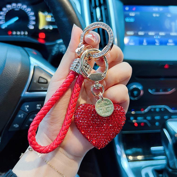 Full Rhinestone Clay Heart Keychain, Bling Love Heart Car Key Ring with Braided Leather Strap, Luxury Bag Charm Accessory for Women