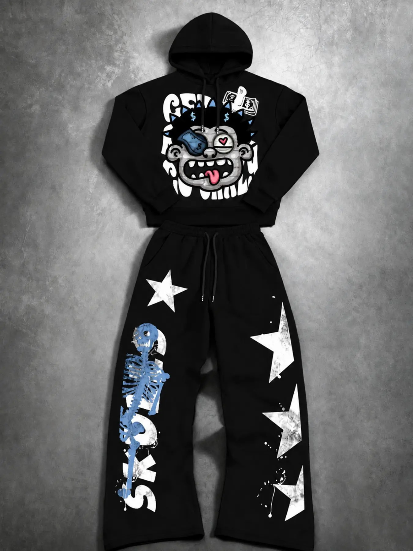 2Pcs Oversized Streetwear Tracksuit Set, Y2K Graphic Hoodie and Star Skeleton Sweatpants for Men, Hip Hop Outfit