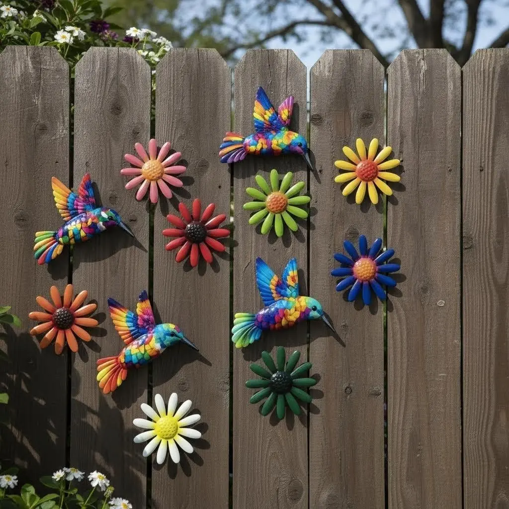 12pcs Metal Hummingbird & Small Flower Wall Decor, Decorative Hanging Ornament, Indoor Outdoor Garden Fence Decoration, American Country Style, Moving Gift