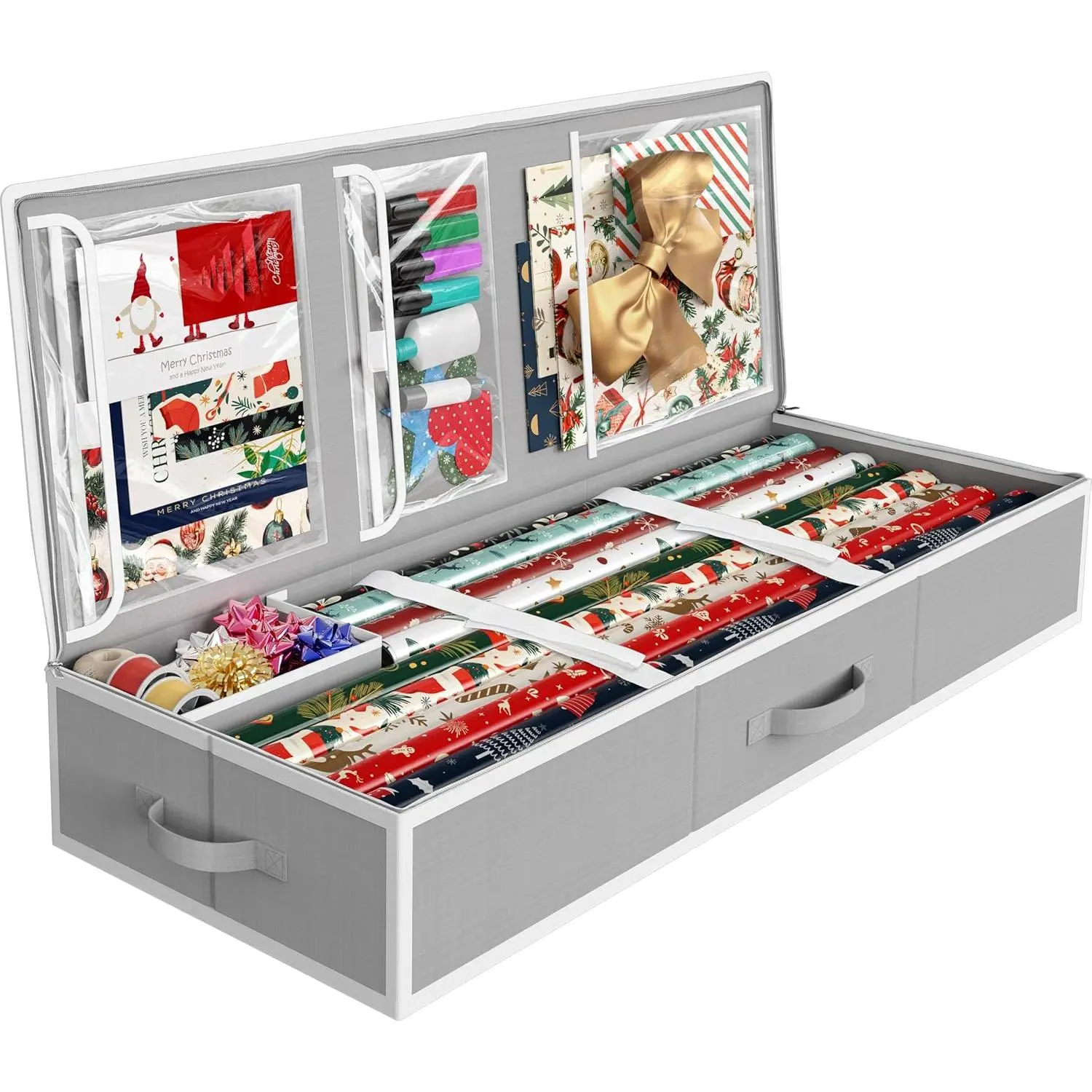 41.5" Wrapping Paper Storage Organizer - Fits 40 Rolls with Adjustable Straps, Interior Divider for Ribbons & Bows, 3 Clear Pockets for Gift Bags & Tools, 41.5''L x 16''W, Gray