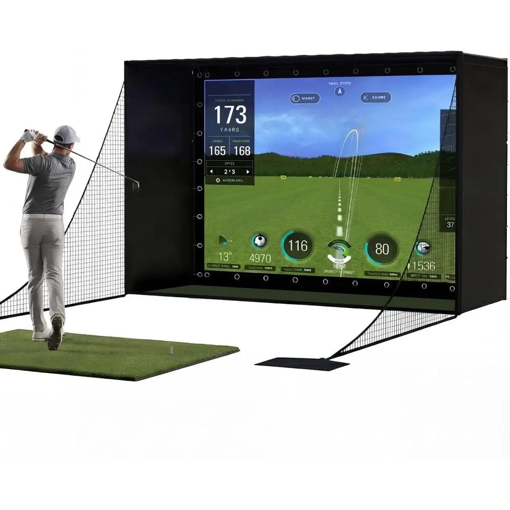 Complete 11'x8' Golf Simulator Enclosure Package, 4K Impact Screen with Blackout Cage, Side Nets, Frame Poles & Sandbags, Easy Garage/Indoor Golf Training System