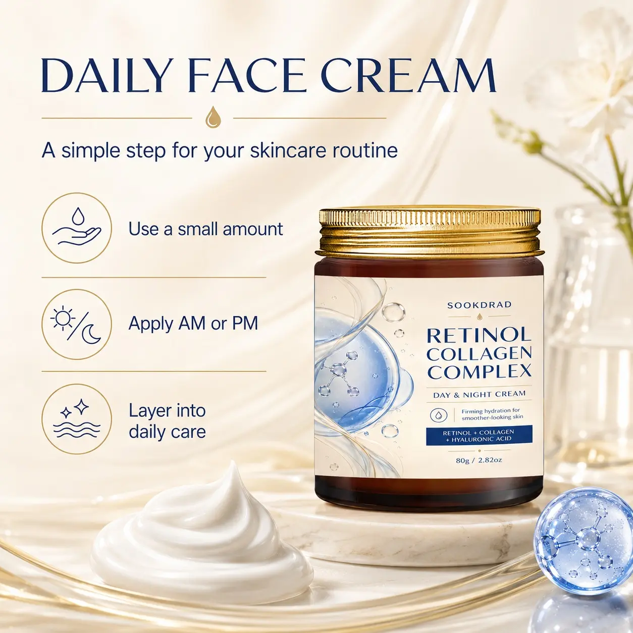 retinol collagen complex day night cream, retinol, collagen, hyaluronic acid, firming hydration, smoother looking skin, 2.82oz, 80g