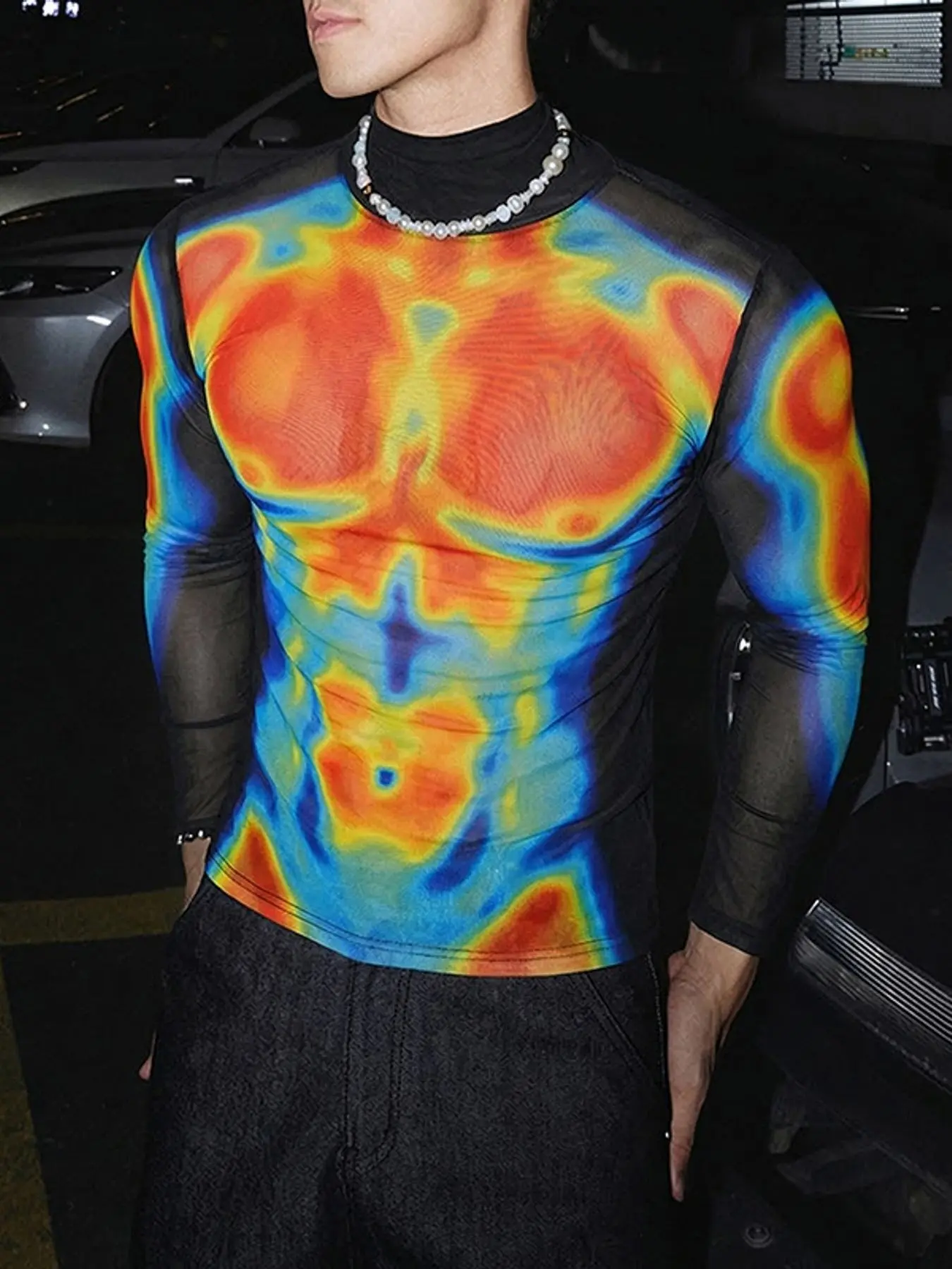 INCERUN Men's Fashion Aesthetic Thermal Imaging Print Mesh Long Sleeve T-Shirt, Menswear, Casual Slim-Fit Party Style, Streetwear Top Without Button or Zipper