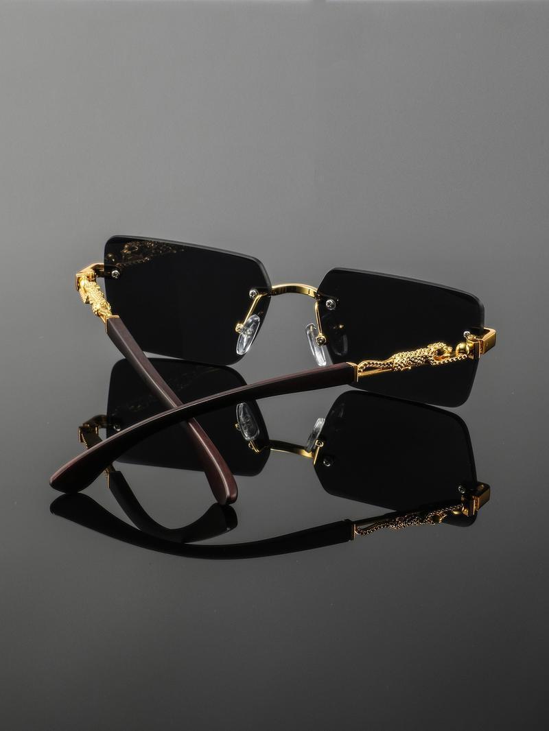 Men's Metal Square Frameless Retro Casual Glasses, High-End Elegant Versatile Design, Stylish Eyewear for Everyday Wear Classic Shades Tortoiseshell Sunglasses