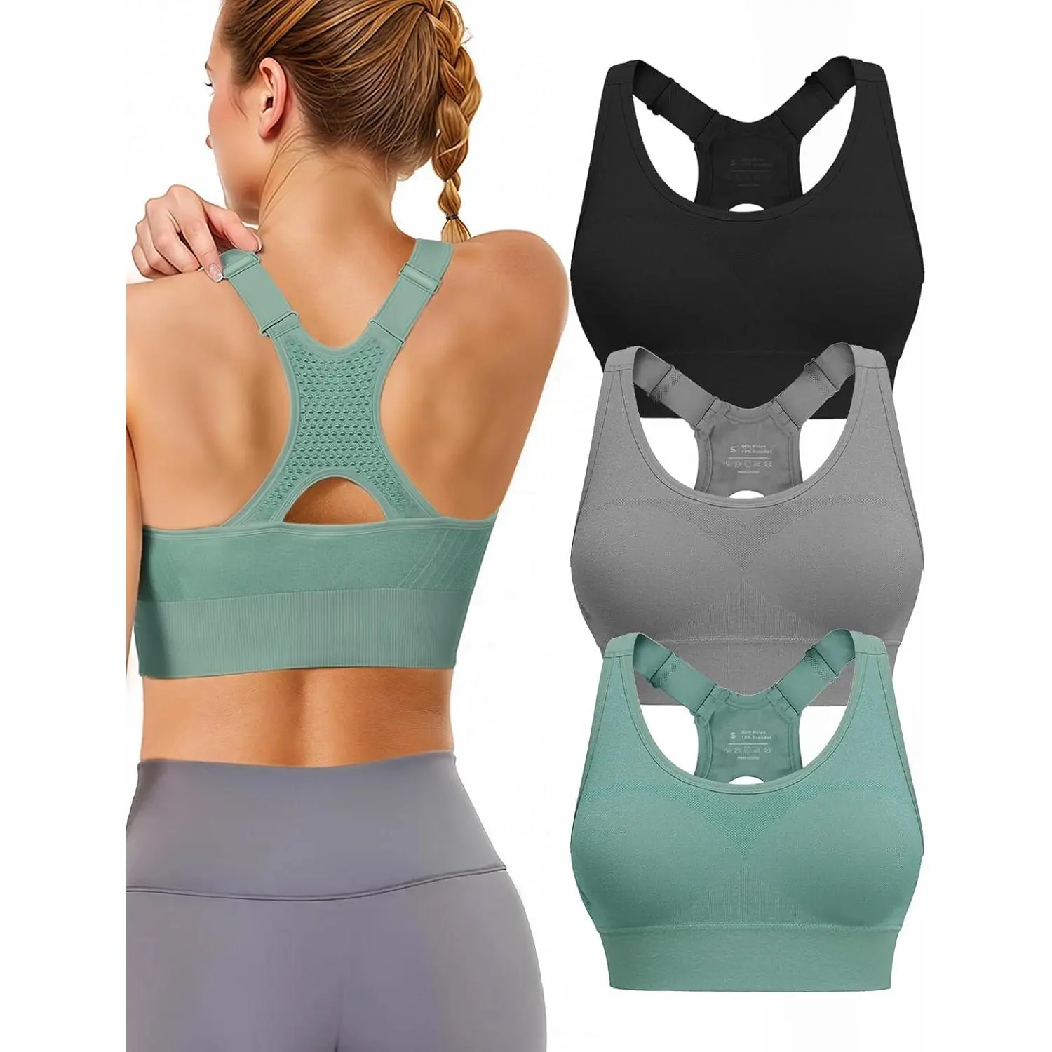 Adjustable Sports Bras for Women High Support, Padded Racerback Bra