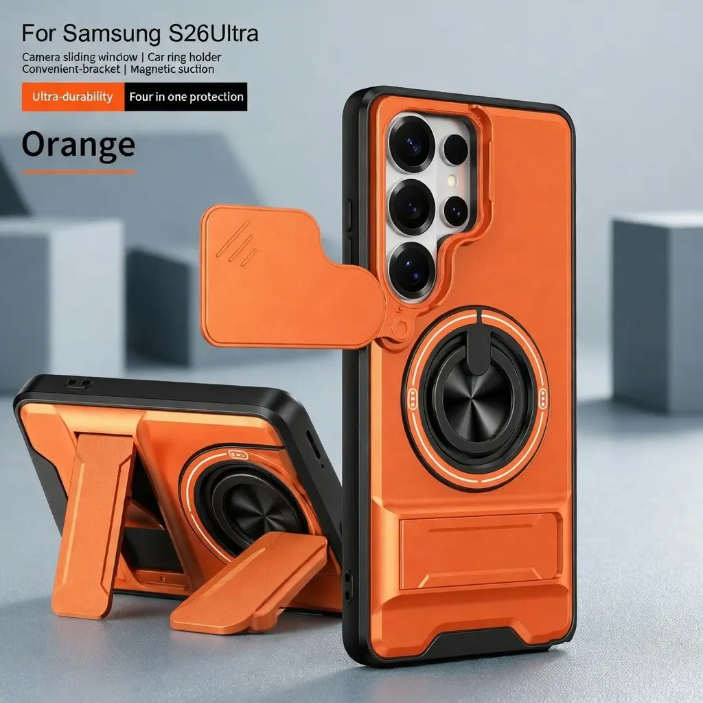 Mecha Push Window Smartphone Casing, Magnetic Ring Armor Shockproof Cover for iPhone 17/16/15 Pro Max & Samsung S26 Series - Handheld Devices Accessories