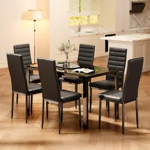 2 Packages Shipping]Modern Dining Table Set For 6, 7 Piece Glass Dining Table Set With PU Leather Chairs, Kitchen Table And Chairs Set For Home, Dining Room