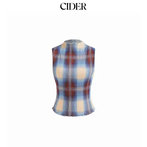 Cider High Neck Plaid Texture Lettuce Trim Tank Top