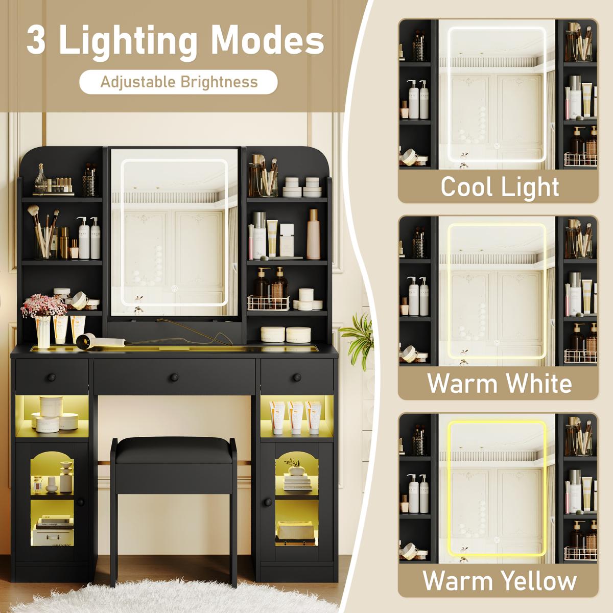 43.2" Vanity Desk with LED Mirror & Lights, Glass Top Vanity with RGB Light Cabinets, Dressing Table with 3 Drawers, Shelves & Stool – White/Black