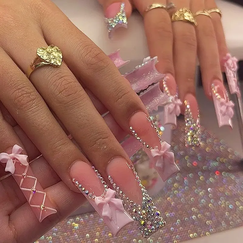 Long Coffin Bow Rhinestone Press on Nails, 24pcs Glitter Diamond Fake Nails, Luxury 3D Bow Crystal False Nail Art for Women, Decorative Nails