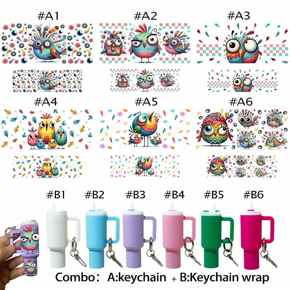 12-In-1 DIY Mini Keychain Set, Includes 6pcs Cute Bird UV DTF Stickers & 6pcs Mini Cup Keychains, Perfect for Backpacks & Party Gifts, DIY Kit