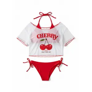 2026 New Spring/Summer Plus Size Cherry Print 3-Piece Swimsuit Set With Top, Halter Neck, Tummy Control, Semi-Sheer Half-Sleeve, Simple And Fashionable Vacation Casual Swimwear Summer Beach, Pool & Vacation