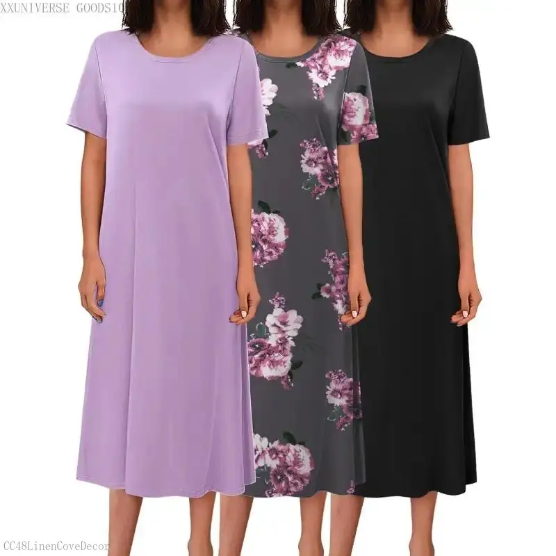 Women's 3-Pack Soft Linen Short-Sleeve Full-Length Plus-Size Round Neck Nightgowns, Casual Wear Loungewear Sleepwear by XXUNIVERSE GOODS10CC48 LinenCoveDecor