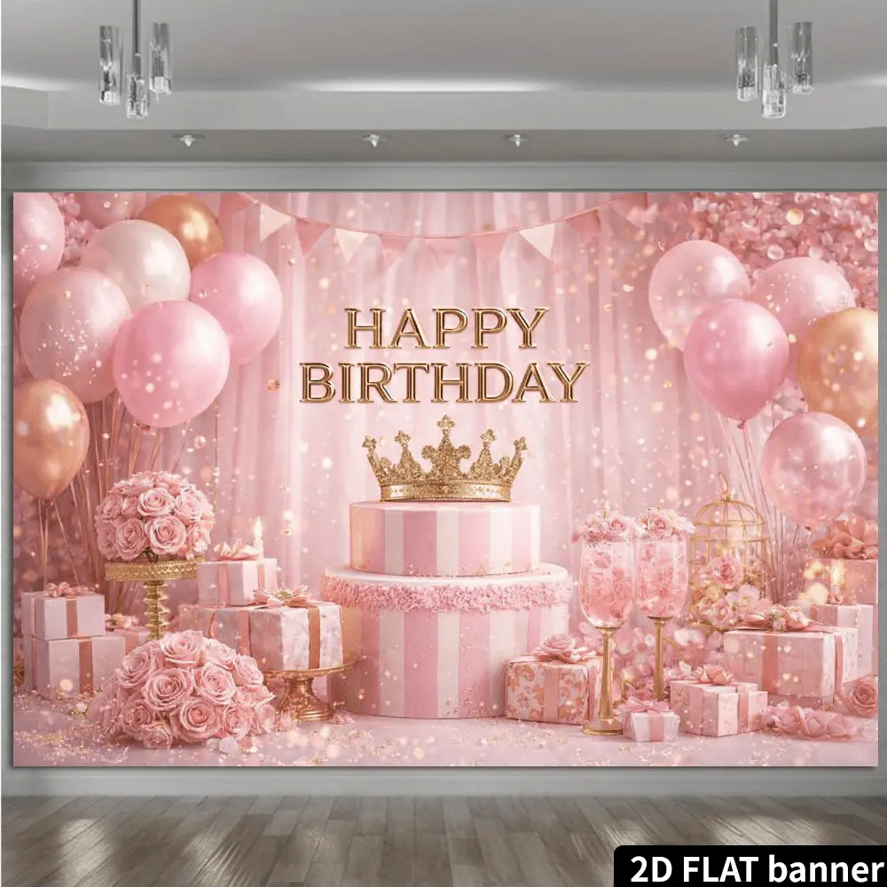 Pink Gold 2D Flat Happy Birthday Polyester Photography Backdrop Sheet, HD Digitally Printed, Soft, Lightweight, Foldable Cloth for Birthday Celebrations, Portrait Photos, Indoors
