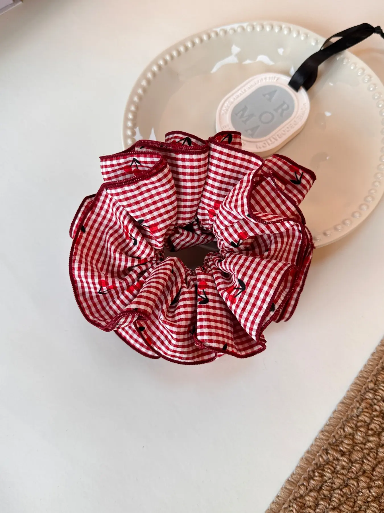 Korean Sweet Red Grid Cherry Waist Scrunchie, Lazy Chic Hair Tie, Fashionable Hair Accessories, Versatile Daily Ponytail & Bun Accessory