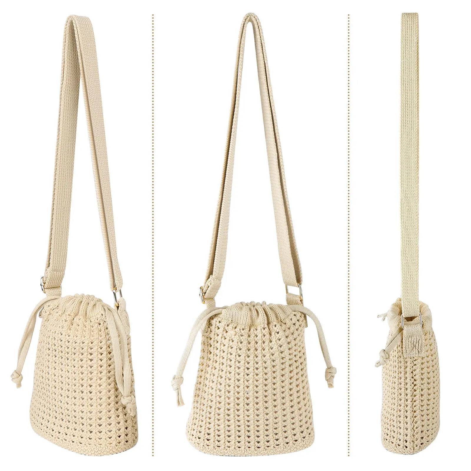 Aesthetic Hollow-Out Knit Drawstring Bag – Versatile Crossbody & Backpack Purse, Cute Summer Woven Tote for Women, Lightweight Festival & Beach Cover-Up, Trendy Gift