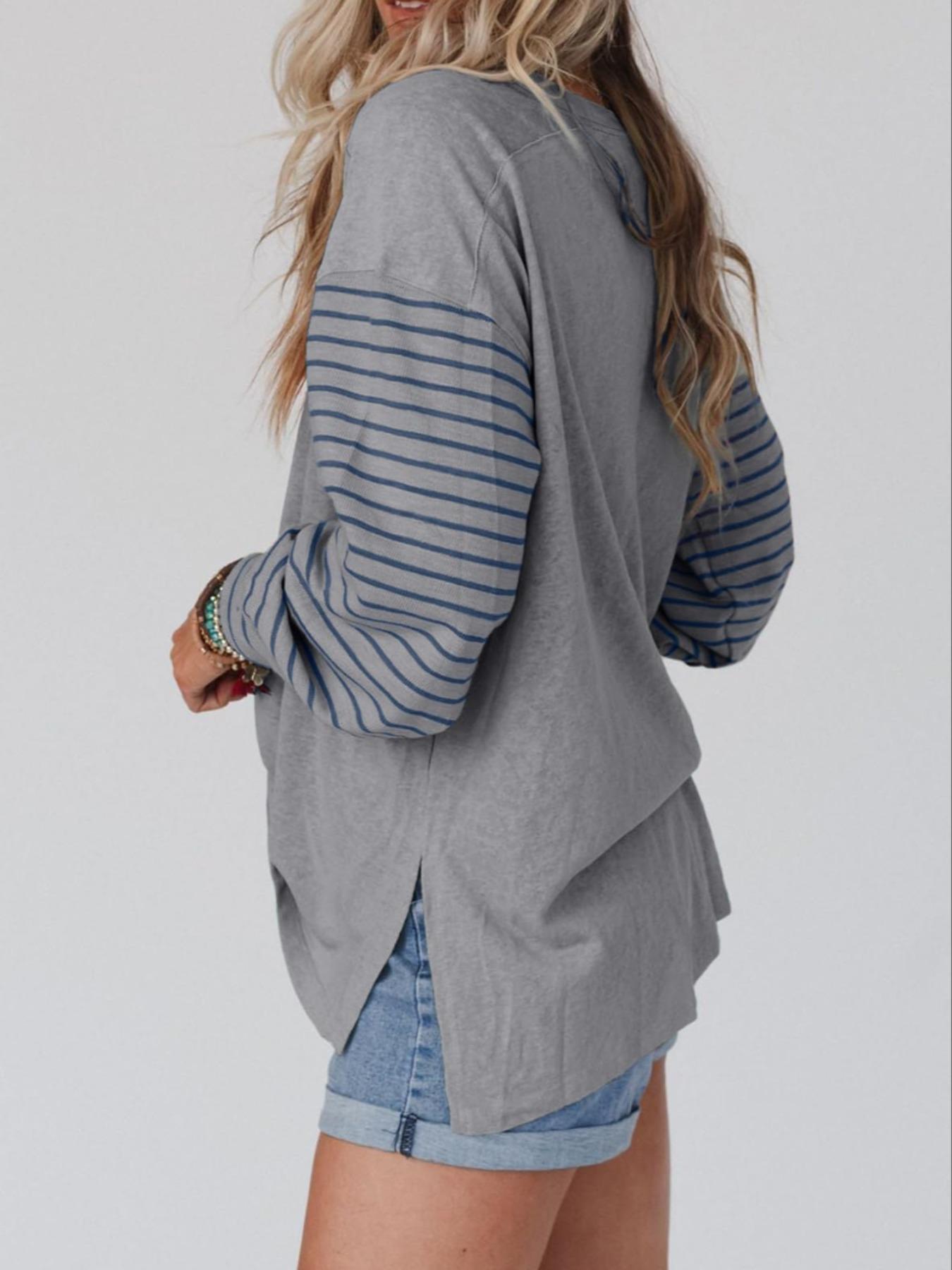 【Plus Size】 Striped Crew Neck T-shirt, Casual Long Sleeve Top for Spring & Fall, Women's Plus Size Clothing for Daily Wear