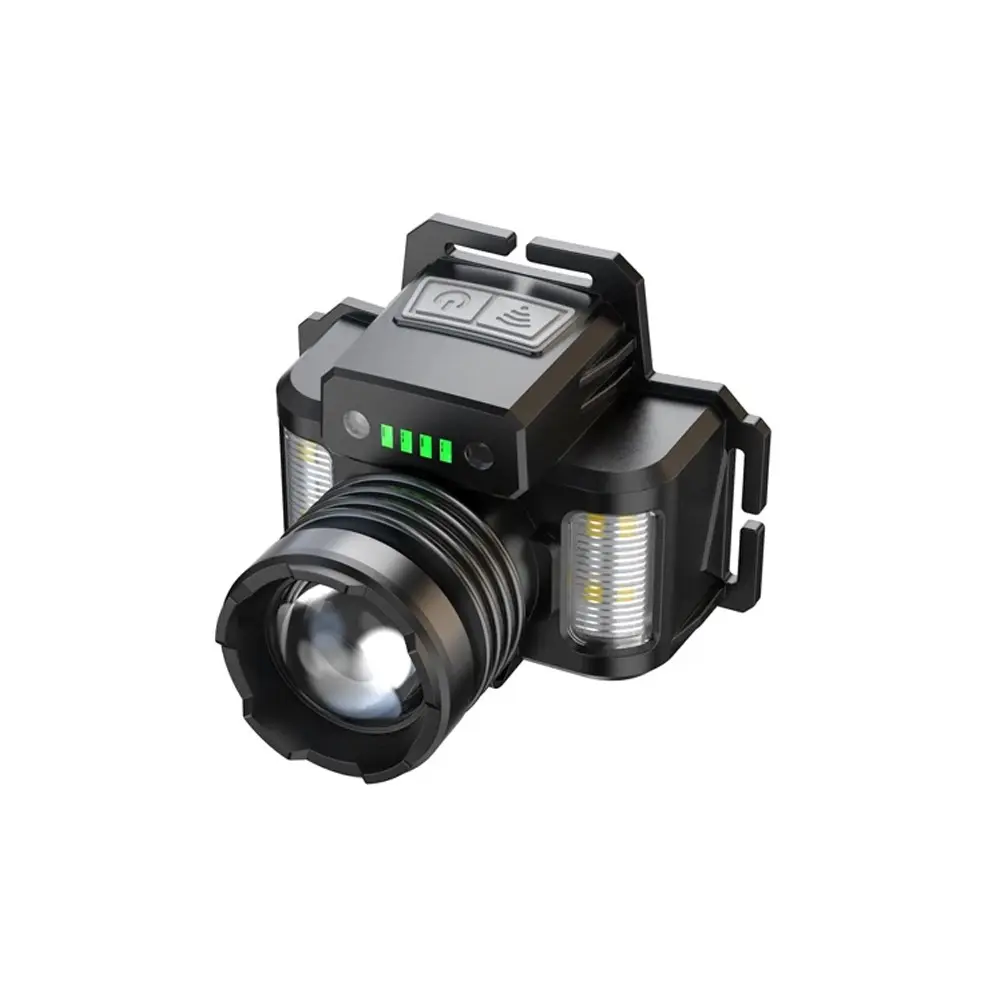 Rechargeable LED Headlamp with Motion Sensor, Zoomable Spotlight, 6 Lighting Modes, Side White Red Blue Warning Lights, 3600mAh Battery, Power Indicator, Type-C Charging and USB Output for Camping Hiking Fishing Running Repair Emergency Outdoor Work
