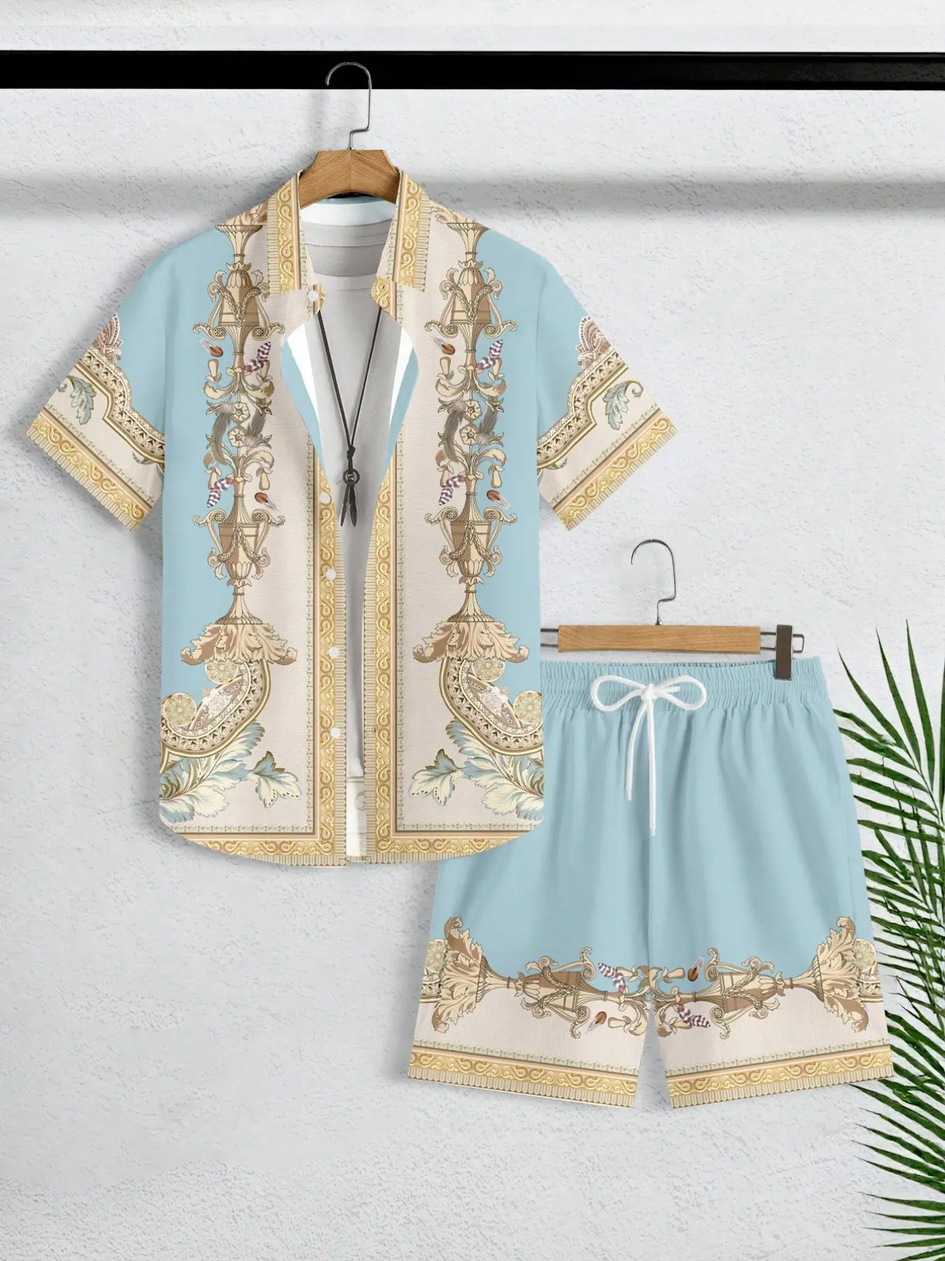 Men's Light Blue Baroque Scroll Two-Piece Set, Vintage Floral Vase Print Collared Shirt and Drawstring Shorts, Casual Loose-Fit All-Season Classic Outfit, Matching Outfits Set