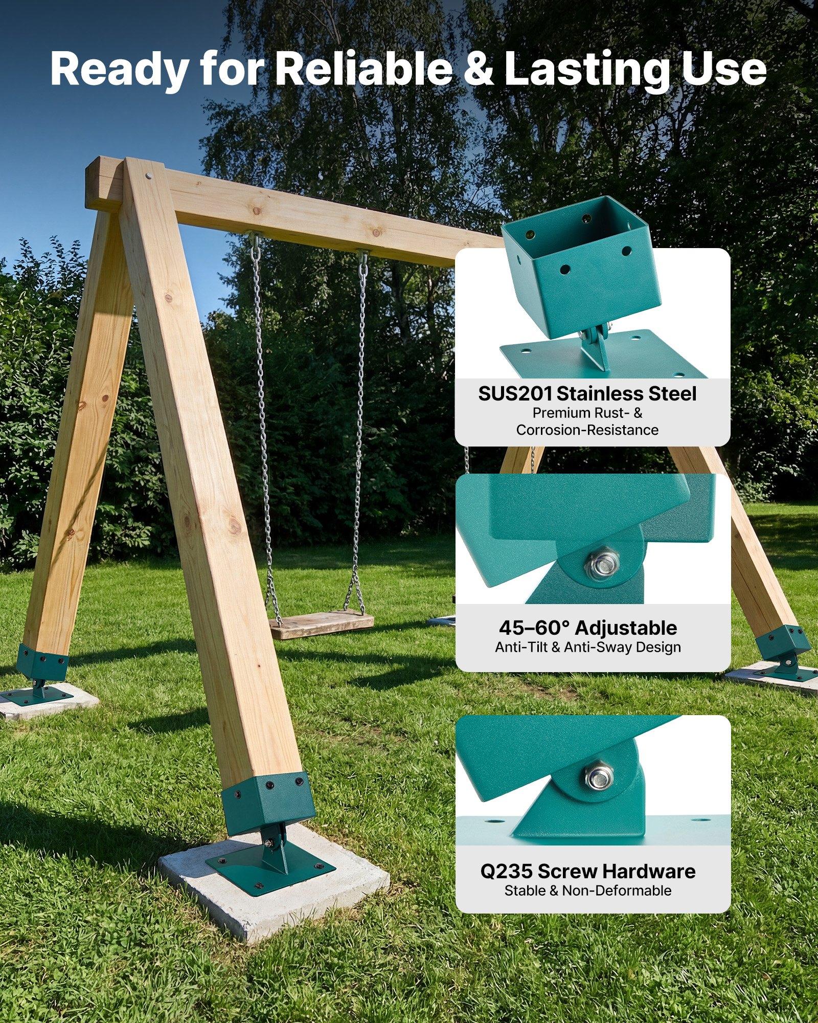 VEVOR Swing Set Brackets, 4 Pack Heavy Duty Swing Set Leveling Hardware, Fits 4 x 4 in Post (Actual 3.6 x 3.6 in), 45°-60° Angle Range, Stainless Steel Anchor Level Kit on Uneven Grass Wooden Ground