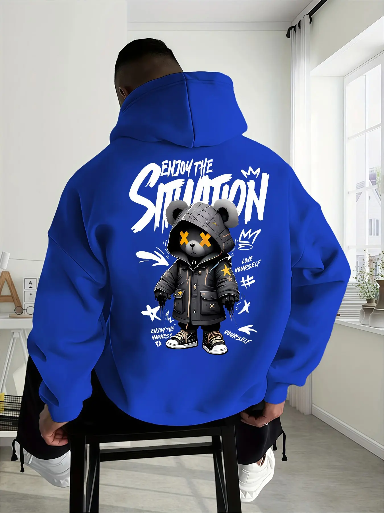 Men's Plus Size Hooded Sweatshirt, Cool Graffiti Bear Letter Print, Long Sleeve with Pockets, Loose Fit, All Seasons, Casual Streetwear Hoodie