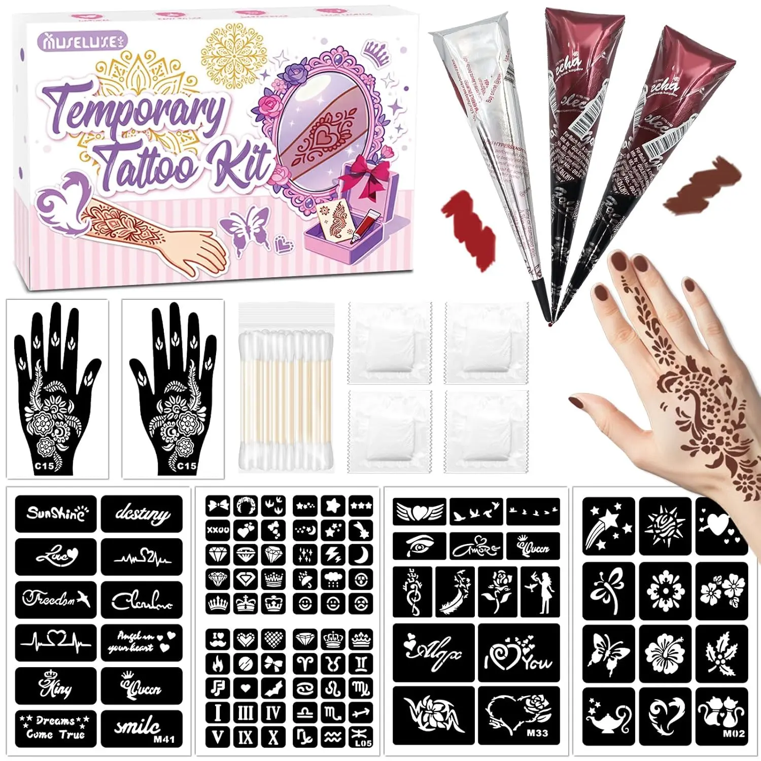 Temporary Tattoo Kit for Teens - 3-Piece 2-Color Multi-Pack (2 Brown, 1 Cherry Red Pastes), 100 Reusable Stencils, Outline Pen, Long-Lasting Waterproof Natural Body Art for Festivals, Party