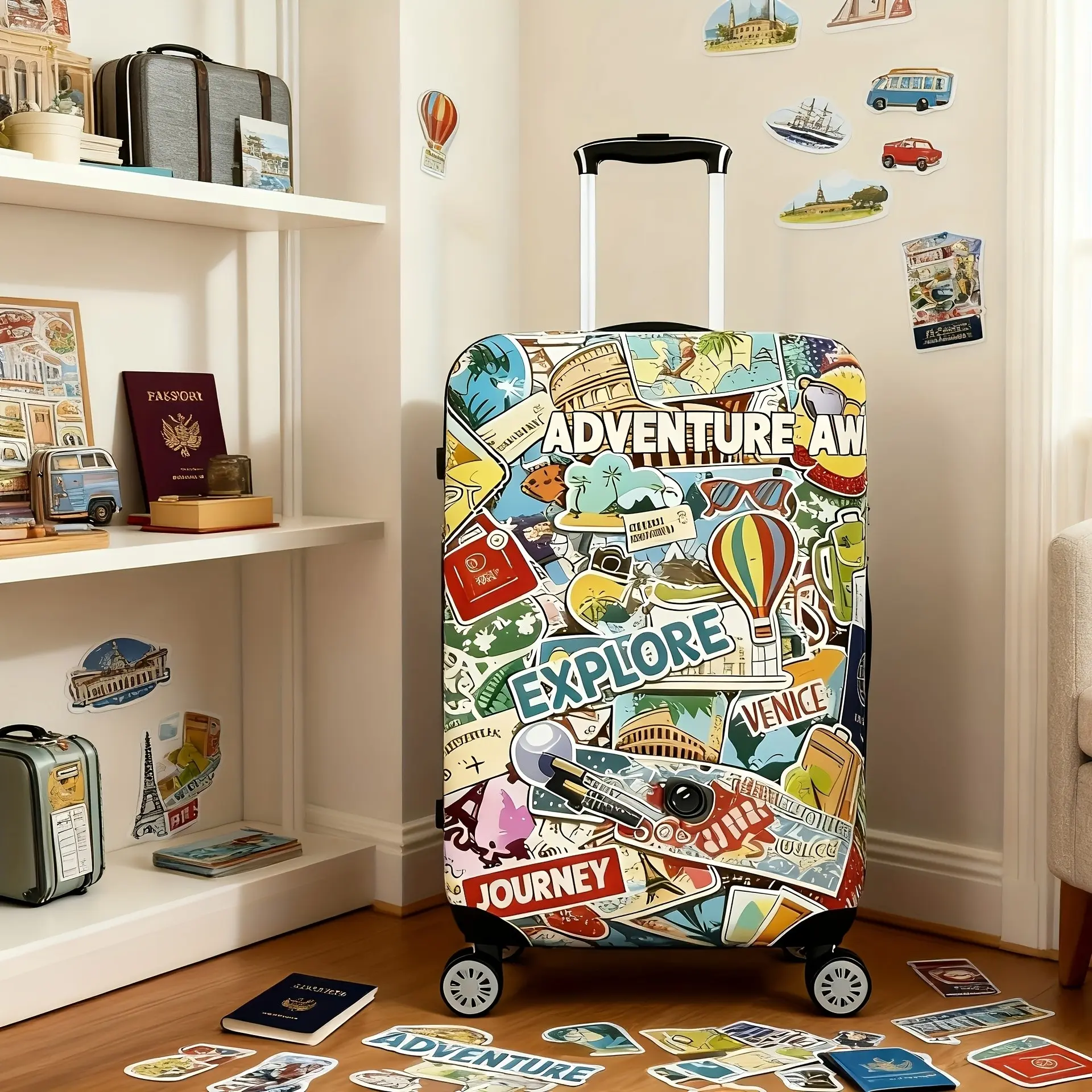 Global Adventure Print Luggage Set, Trendy Retro Landmark Stickers, Elastic Travel Bag Cover, Dustproof Scratch-Resistant Protector, Durable Travel Accessory