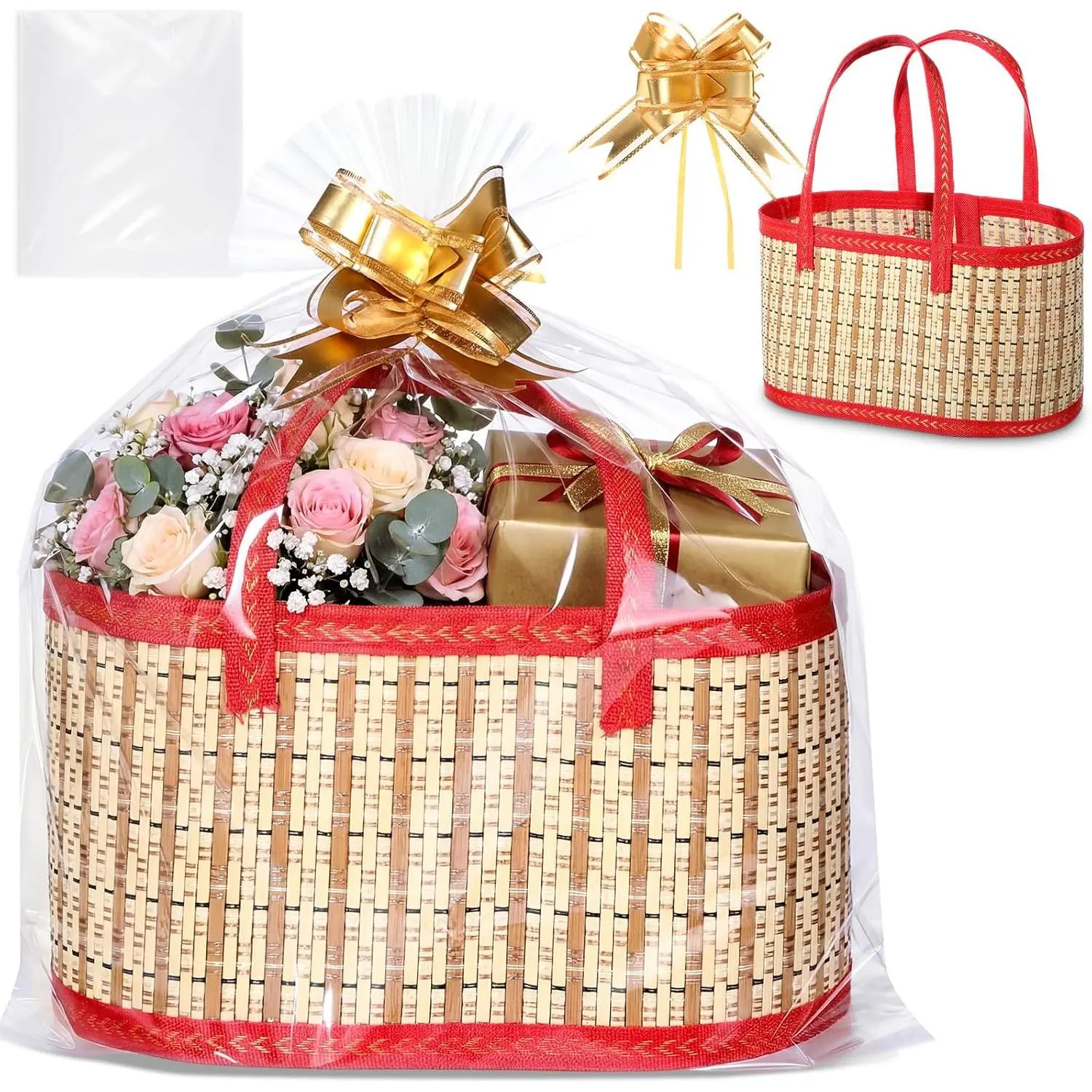 1 Set Empty Gift Baskets to Fill, Elegant Bamboo Woven Basket with Handle, Includes Cellophane Wrap Bag and Pull Bows, Foldable DIY Gift Basket Kit for Baby Shower, Raffle, Gifts