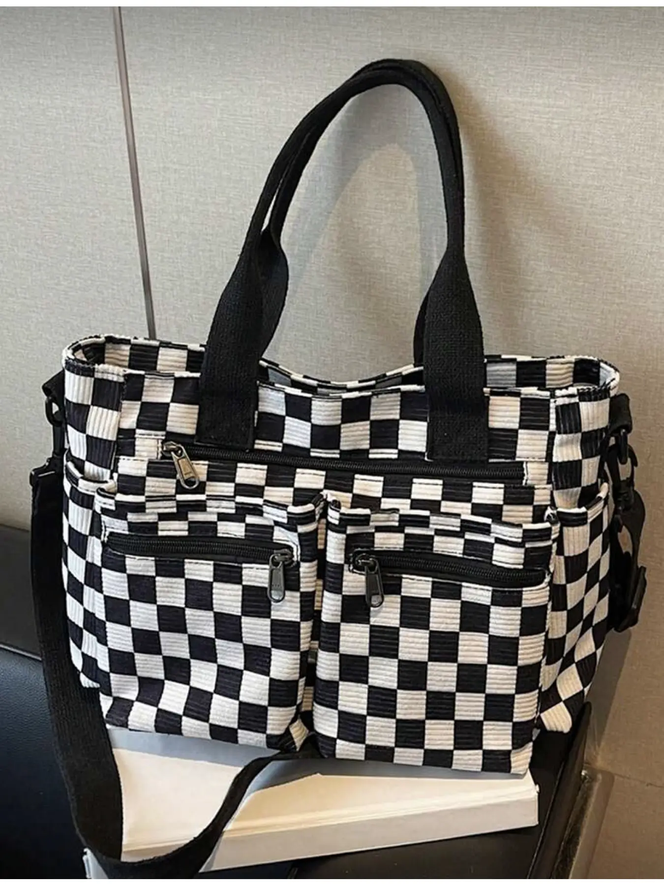 Chess Pattern Corduroy Women's Fashion Handbag Large Capacity Multi Pockets Tote Bag Detachable Adjustable Strap Casual Shopping Travel Work School Party Gift
