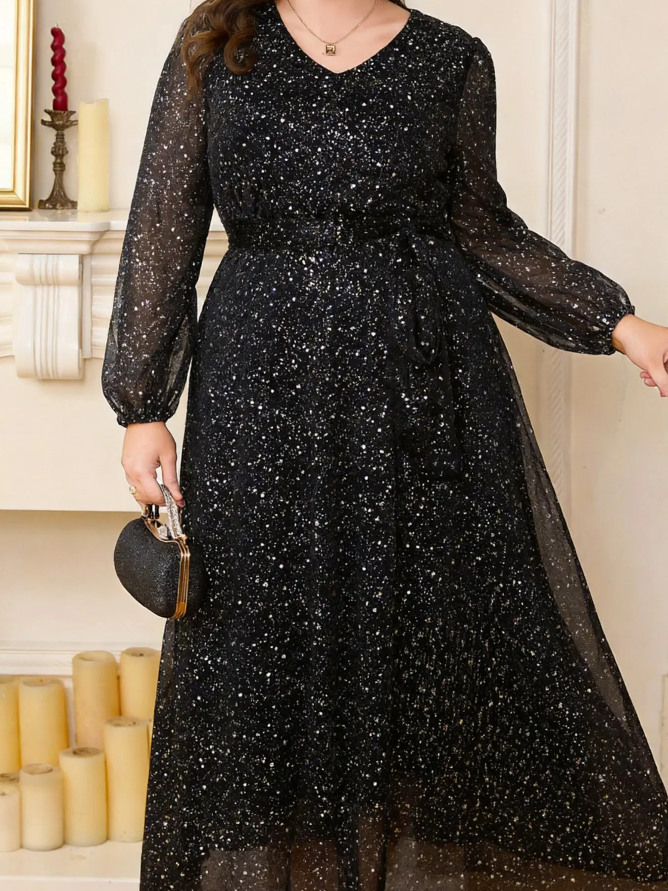 Plus Size Sequin Mesh Long Dress, V Neck Long Sleeve Wrap Tie Waist Evening Party Gown, Elegant Formal Wear for Special Occasions Fit