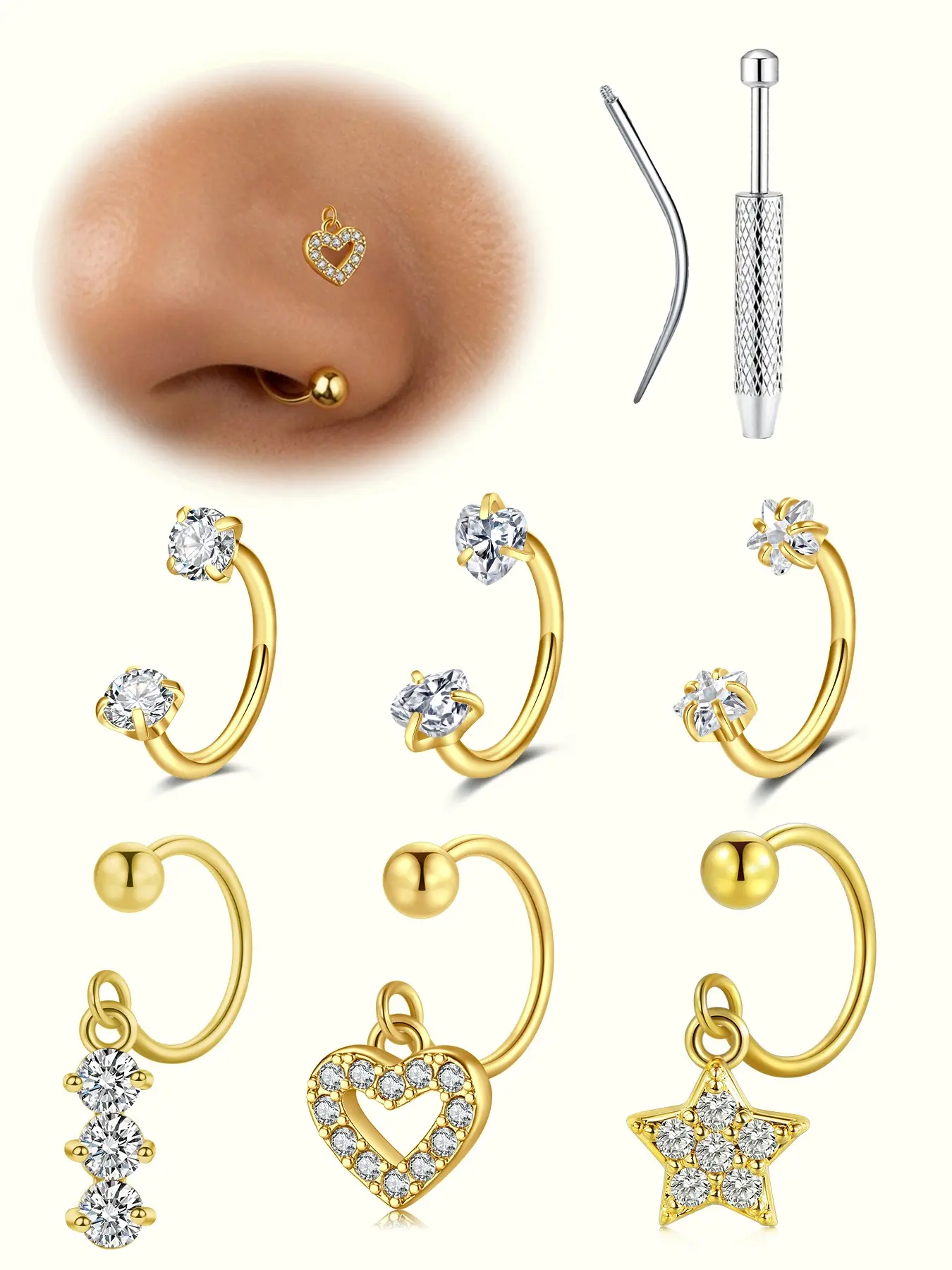 Cz Dangling Horseshoe Nose Ring, 20g Hypoallergenic Stainless Steel, Heart-Shaped and Five-Pointed Star Design, 8mm, Daily Wear Jewelry, Nose Rings Hoops, Piercing Jewelry