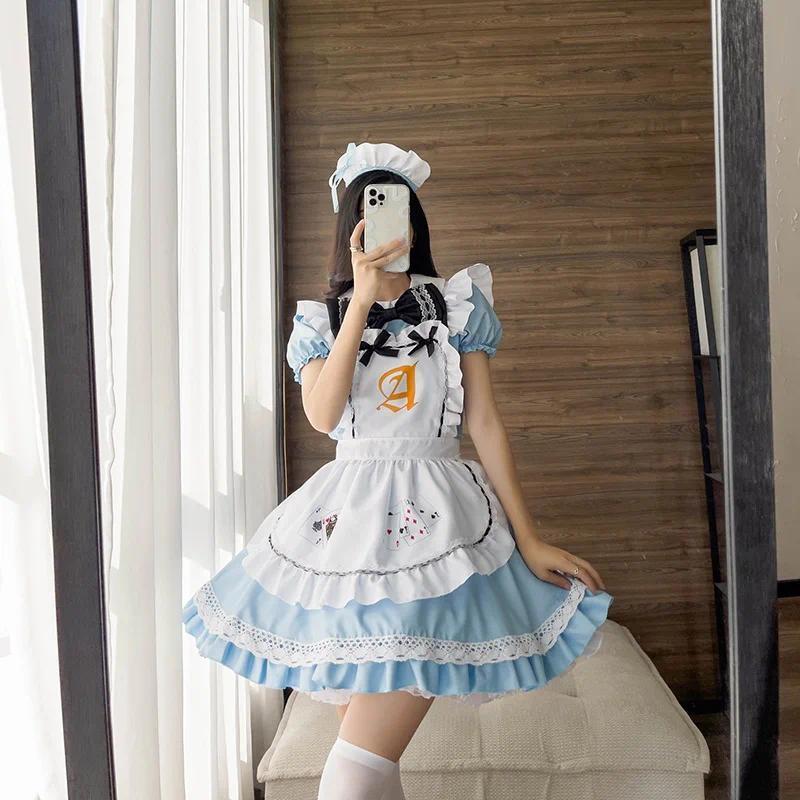 Lolita Maid Dress Costumes Blue Alice Playing Cards Cosplay For Girls Woman Waitress Alice Poker Maid Party Stage Costume