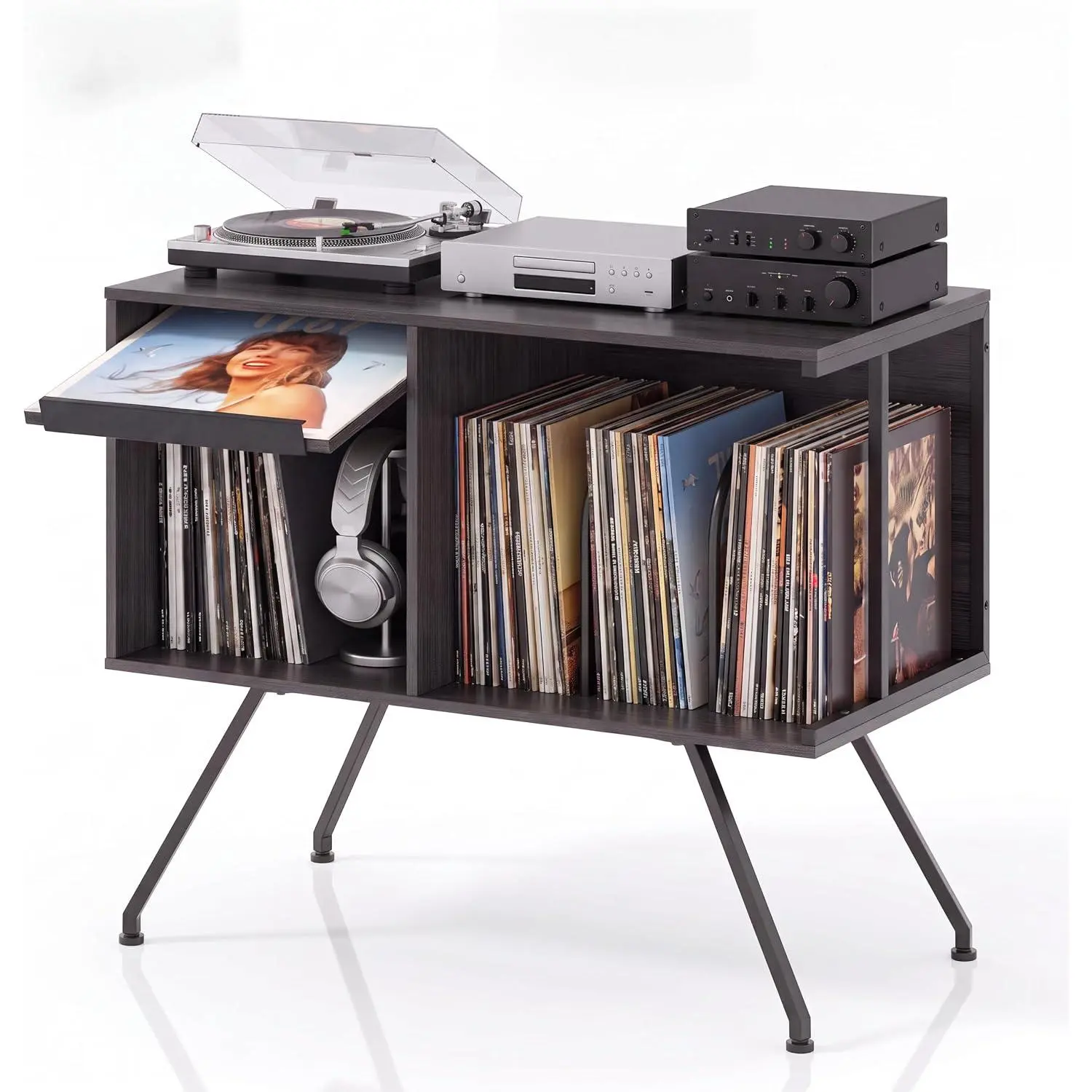 31.5in Record Player Stand with Storage & Dust-Block Flip Top Lid | Vinyl Record Shelf Holds up to 160+ Albums, U-Shaped Dividers, Turntable Stand with Album Display