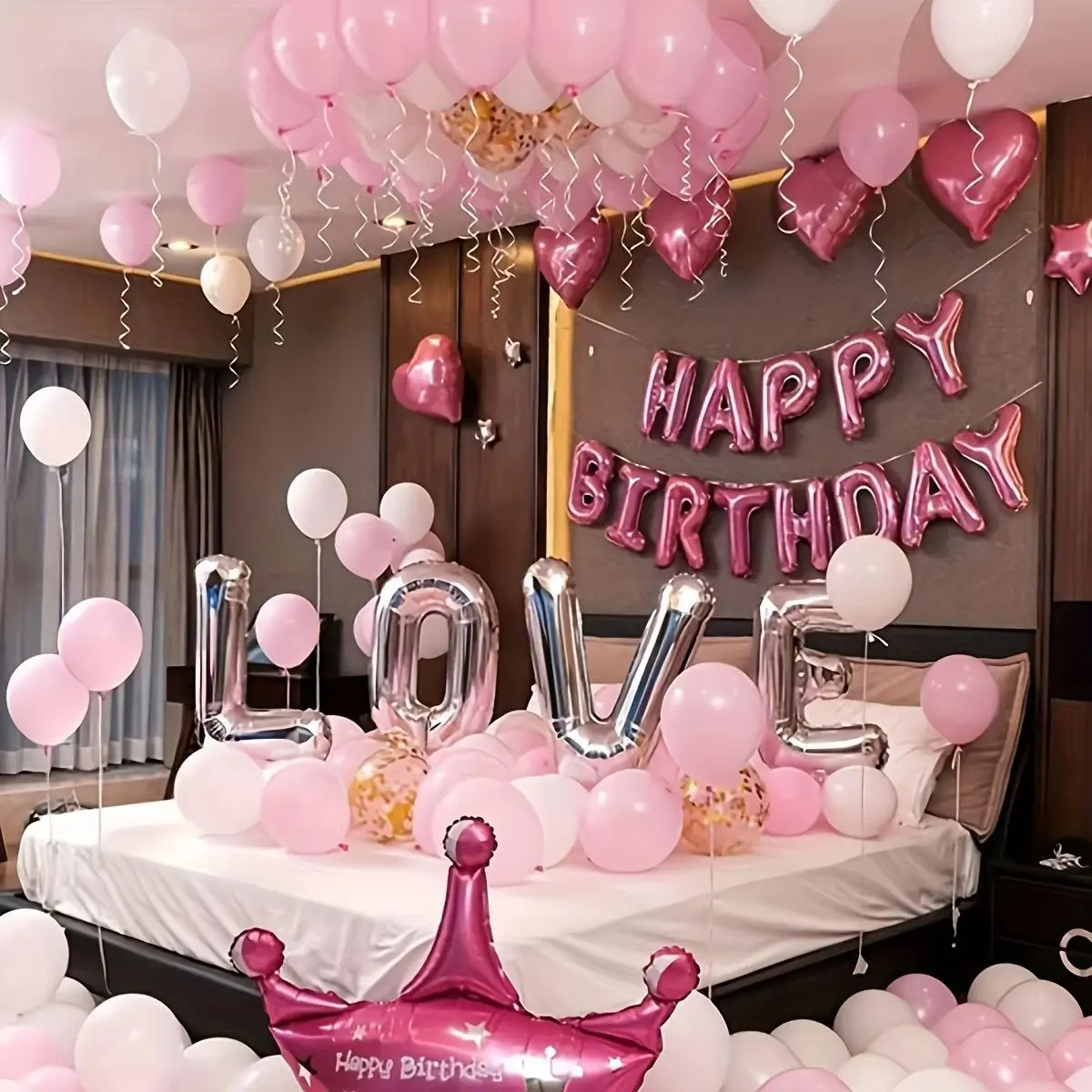 Balloon Set Heart Happy Birthday Letters Love Aluminum Foil Balloons, Colorful Ribbon Balloons for Princess Tea Party, Wedding Proposal, Valentine's Day Decor Party Balloons Decorations