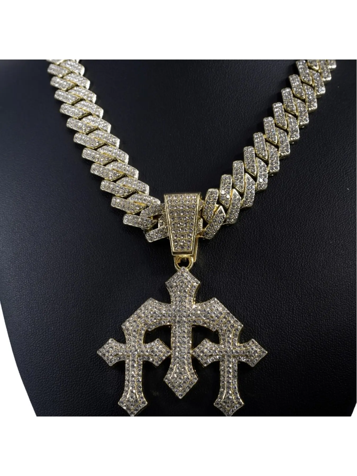 Silver Iced Out Three Cross Pendant Necklace - Cuban Link Chain Hip Hop Jewelry for Men Women iced out necklace, cuban link necklace, cross necklace, three cross pendant, triple cross necklace, hip hop jewelry, silver cuban chain, rhinestone necklace, rel
