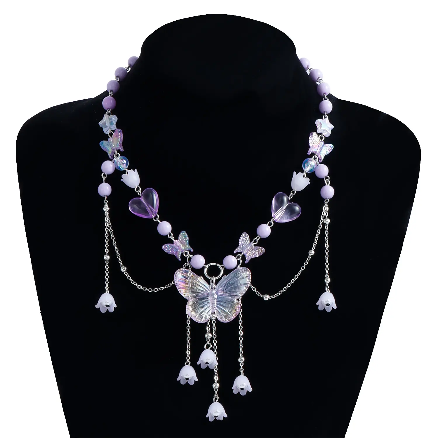 Kawaii Iridescent Butterfly Bell Flower Tassel Choker Fairycore Y2K Beaded Necklace 3 Colors Purple Pink Blue