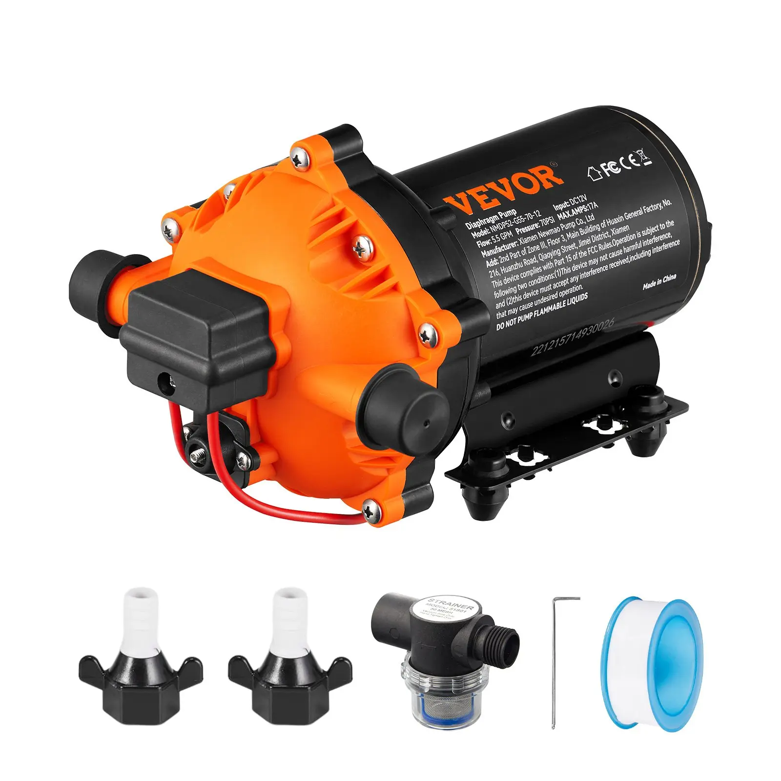 VEVOR 12V DC Self Priming Water Diaphragm Pump, 5.5 GPM Flow, 70 PSI Rated Pressure (40-100 PSI Adjustable), 1/2" MNPT Sprayer Pump with Pressure Switch, FCC Certified for RV Camper Marine Use