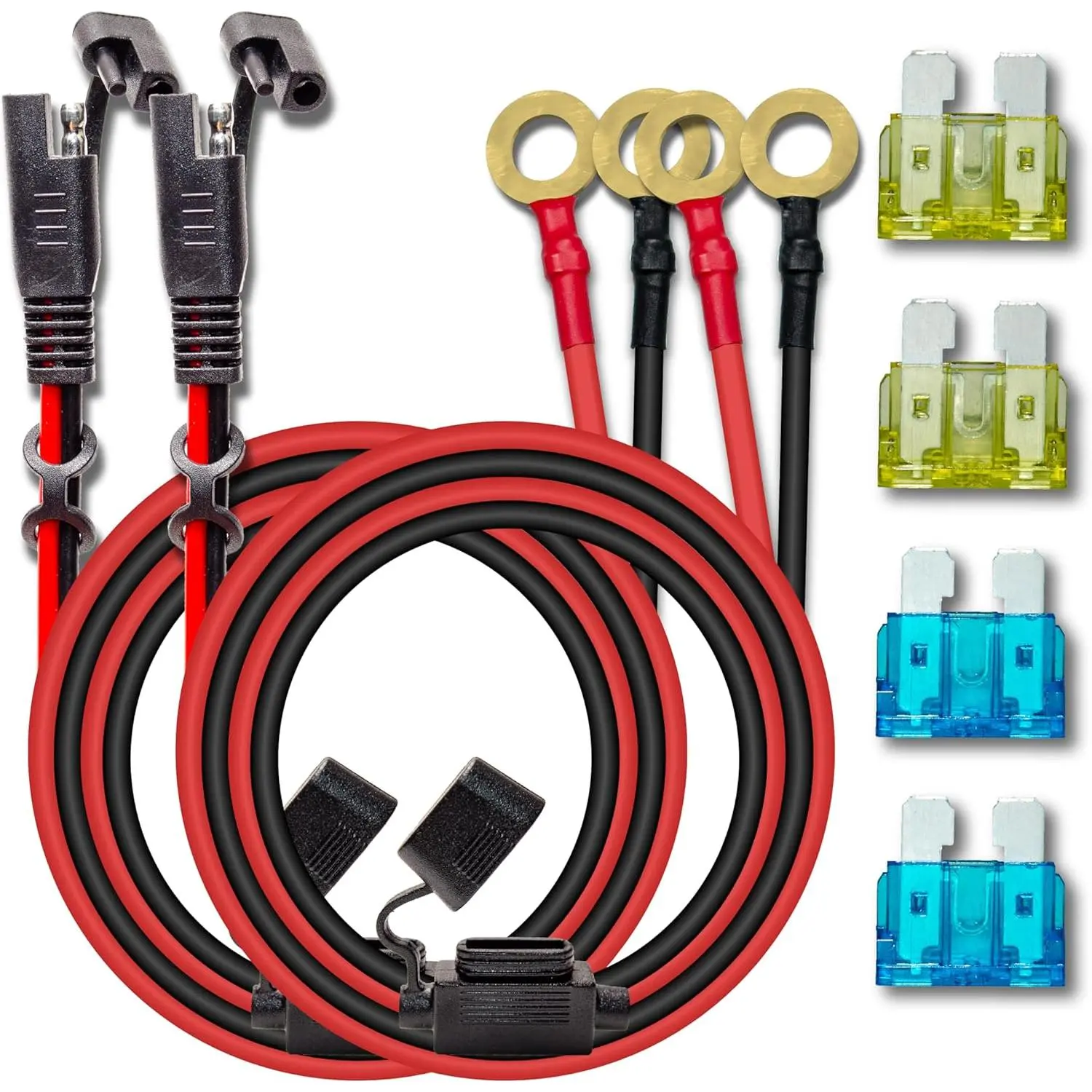2PCS 6FT SAE to O-Ring Terminal Quick Connect/Disconnect Harness, 2-Pin SAE Extension Cables with 15A & 20A Fuses for Car, Motorcycle Solar Panels, Battery Maintenance, Boats