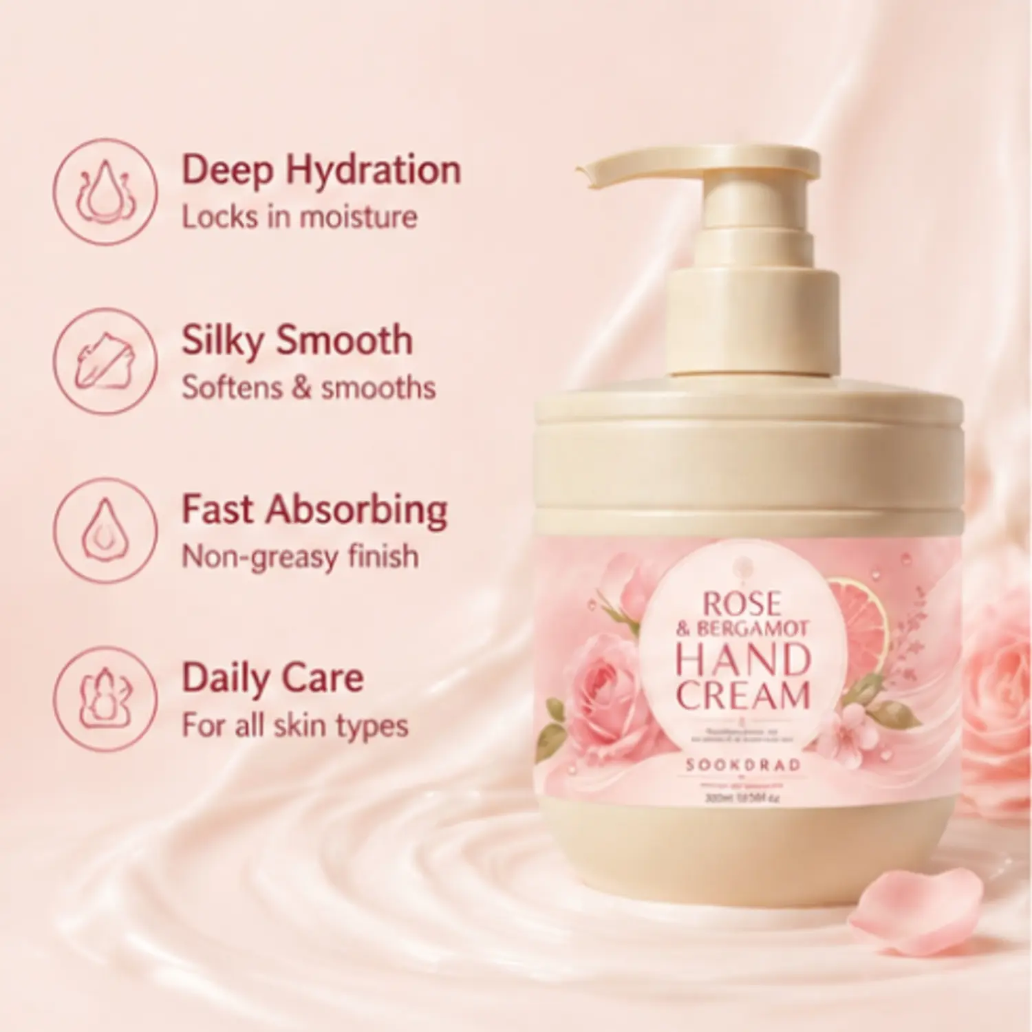 Rose & Bergamot Hand Cream, Macadamia Oil, Marshmallow Root, Nourishing Hydration, Hand Care, 10.58fl oz, 300ml
