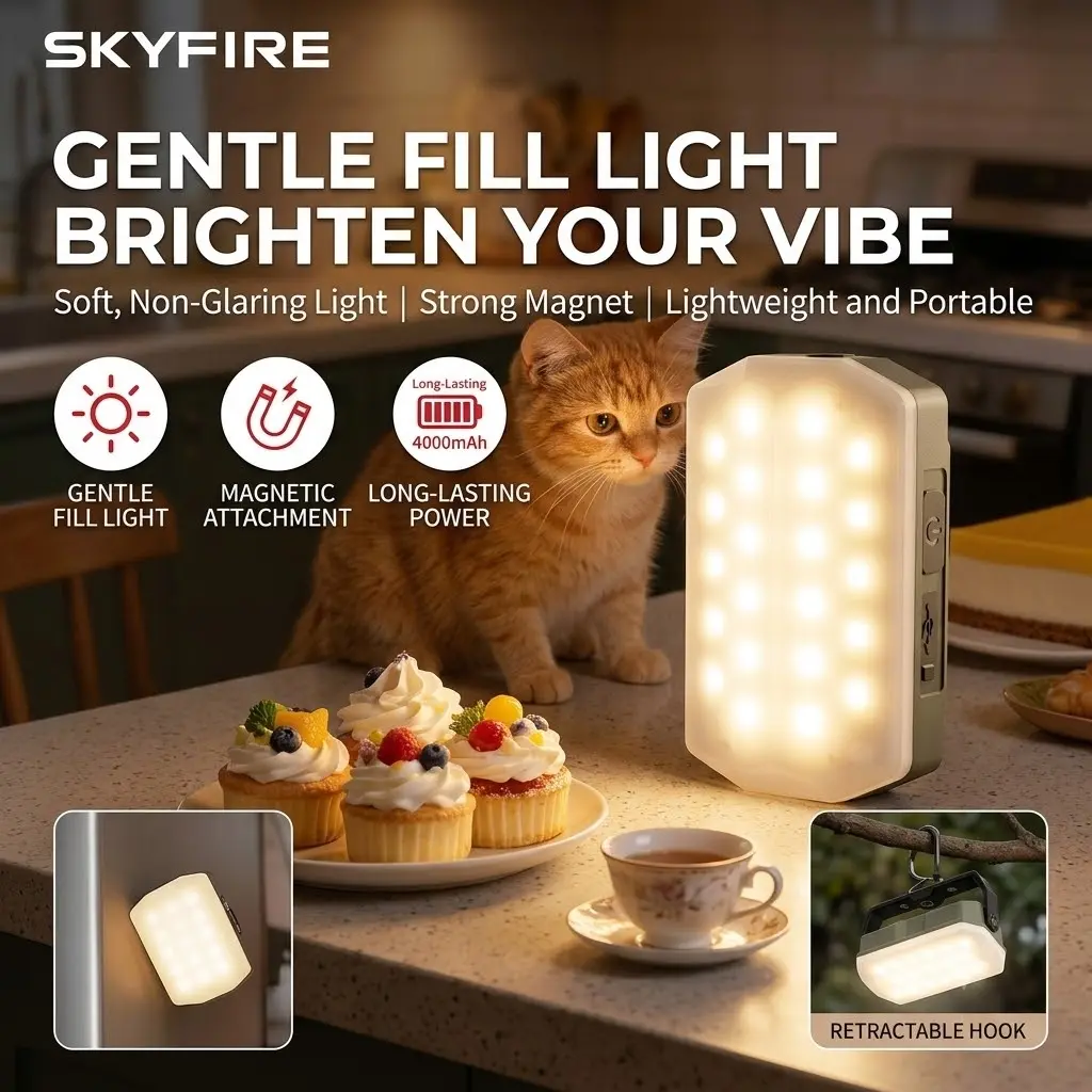 SKYFIRE Rechargeable LED Photography fill light Camping Lantern - 4000mAh Lithium Polymer Batteries, 4 Adjustable Lighting Modes, 32H Runtime, IPX4 Water Resistant, Carabiner Hook, Rotating Bracket, Ideal for Power Outages,
