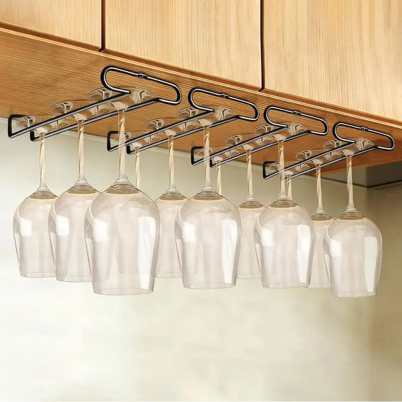 4‑Pack 10 Inch Under‑Shelf Stemware Storage Racks, Black Hanging Wine Glass Hanger Organizer, Under Cabinet Drinkware Holder for Kitchen Cabinet, Bar Counter Household Storage