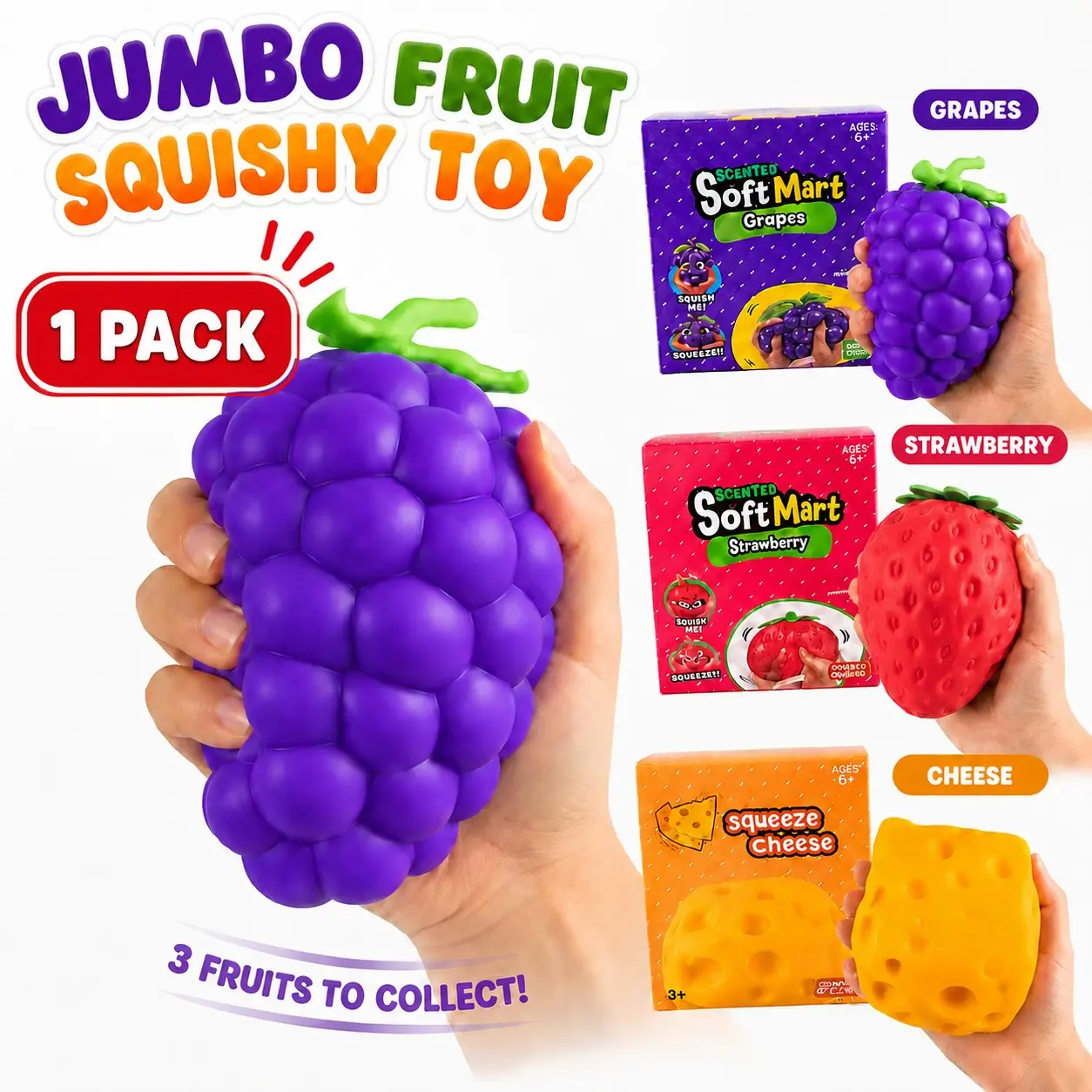 Jumbo Fruit Squishy Toy Pack, Grape Strawberry Cheese Options, Slow Rebound Stress Relief Soft Gel, Kids Adult Anxiety Relief Gift