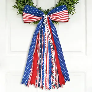4th of July 250th Anniversary Patriotic Decorations 27x13 Inch Wreath Sash Bow American Flag Ribbon Bow for Front Door Indoor Outdoor Memorial Day