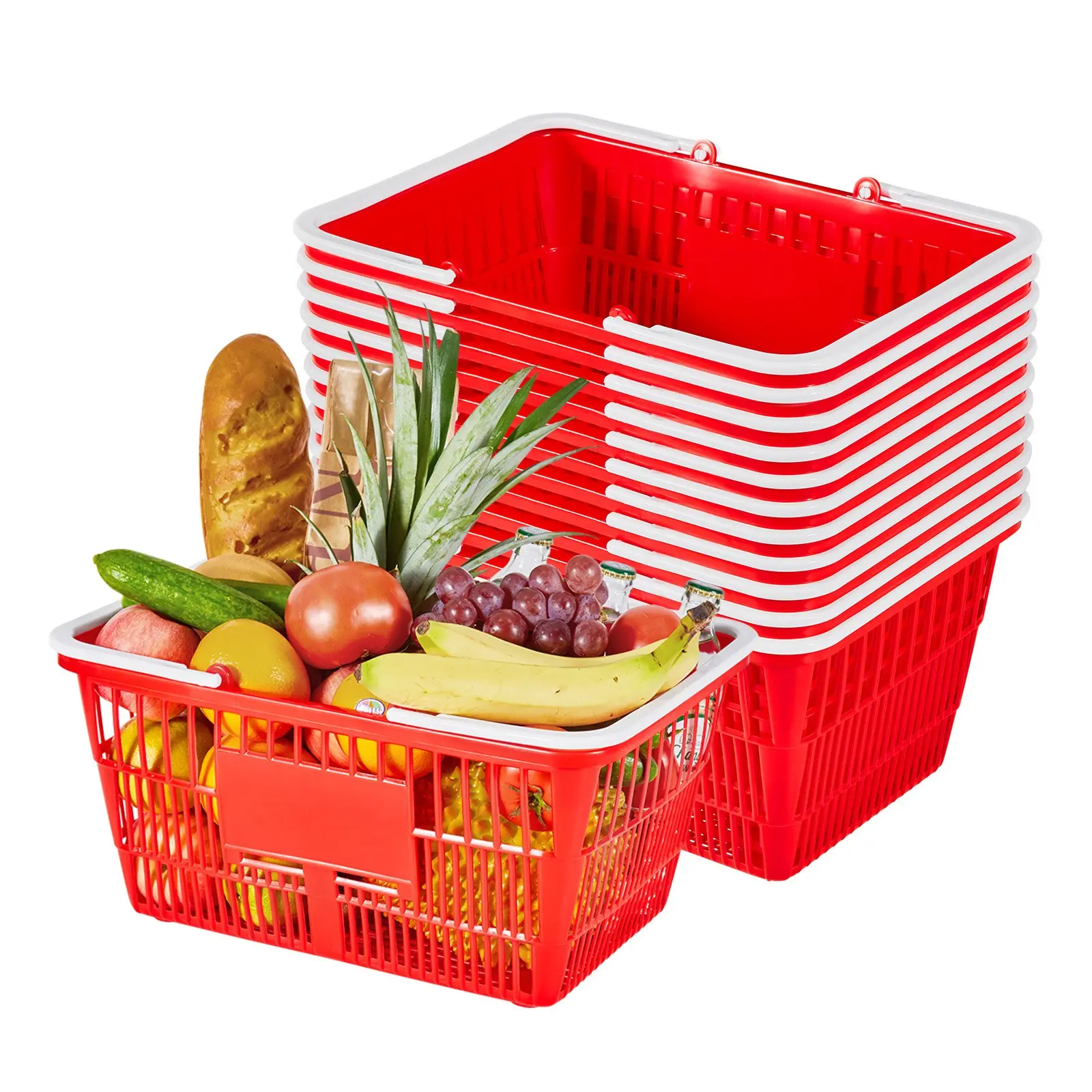 【toolupgrade】VEVOR 12-PC Stackable PE Plastic Grocery Organizer Baskets, 21L Dense Mesh Texture, 20 lbs Capacity, Portable with Handles, for Grocery Trips & Home Use