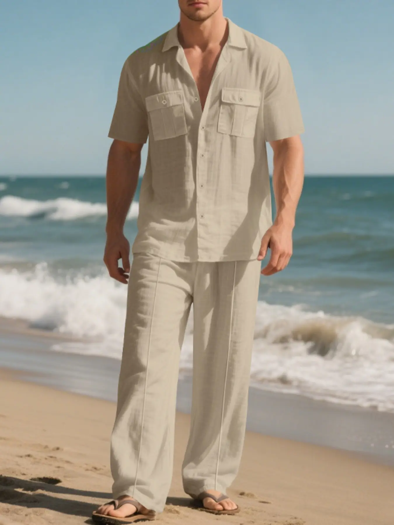 Men's linen Cuban collar short-sleeved pants set - double chest pockets - casual vacation style lightweight outfit - breathable, loose and smooth fit - versatile for daily commuting and outings - Valencia Pant Set