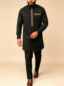 Men's Kaftan Set, African Style Long Sleeve Embroidered Round Neck Shirt and Casual Pants, Traditional Muslim Festival Wedding
