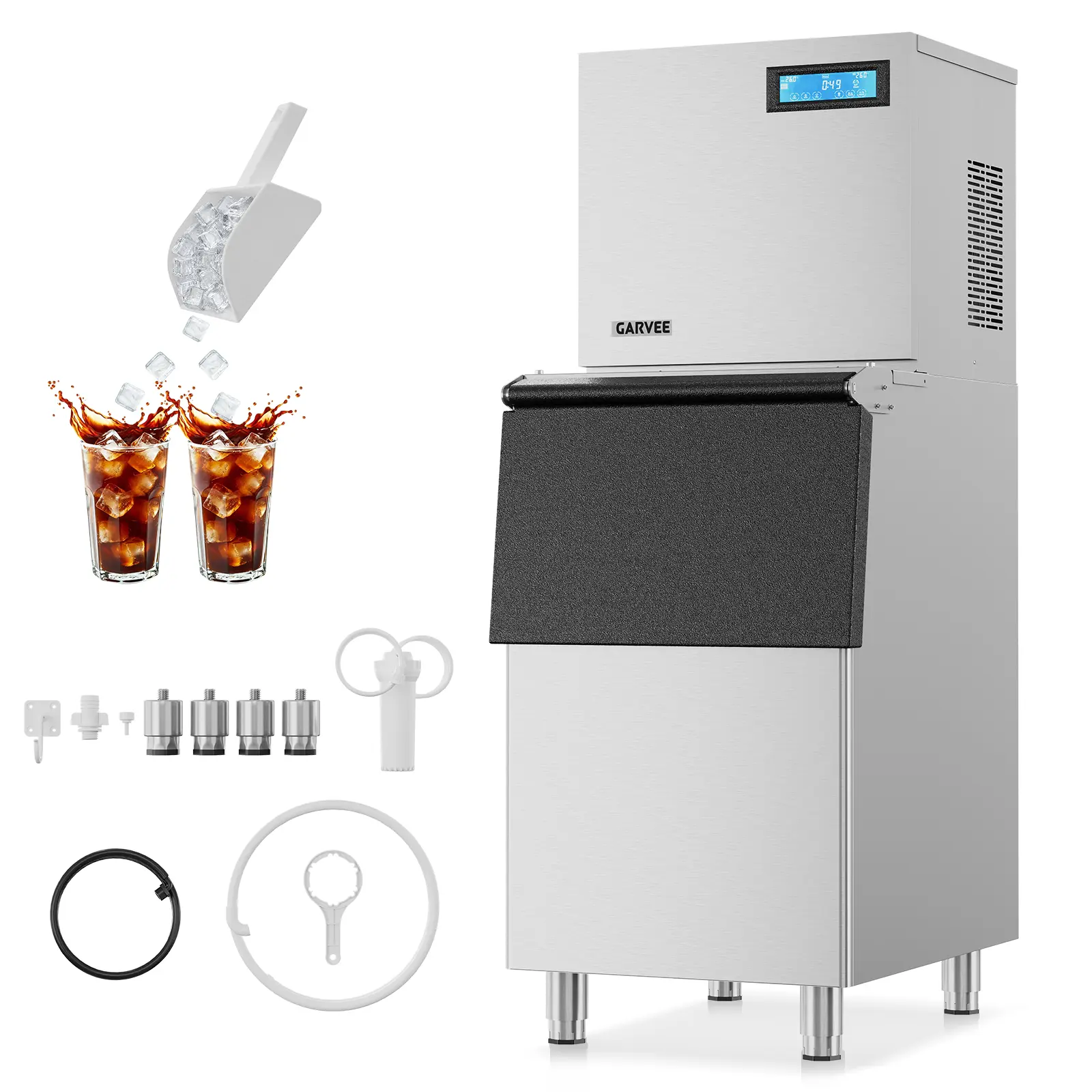 Commercial Ice Maker Machine  360LB/24H Storage Bin, Stainless Steel Body, Self-Cleaning, Adjustable Ice Thickness, LCD Display, Split-Type Design for Restaurant Bar